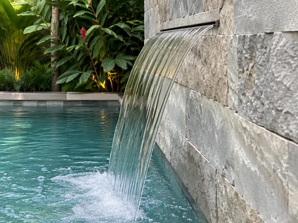 Cascata em lâmina caindo de parede de pedra na piscina