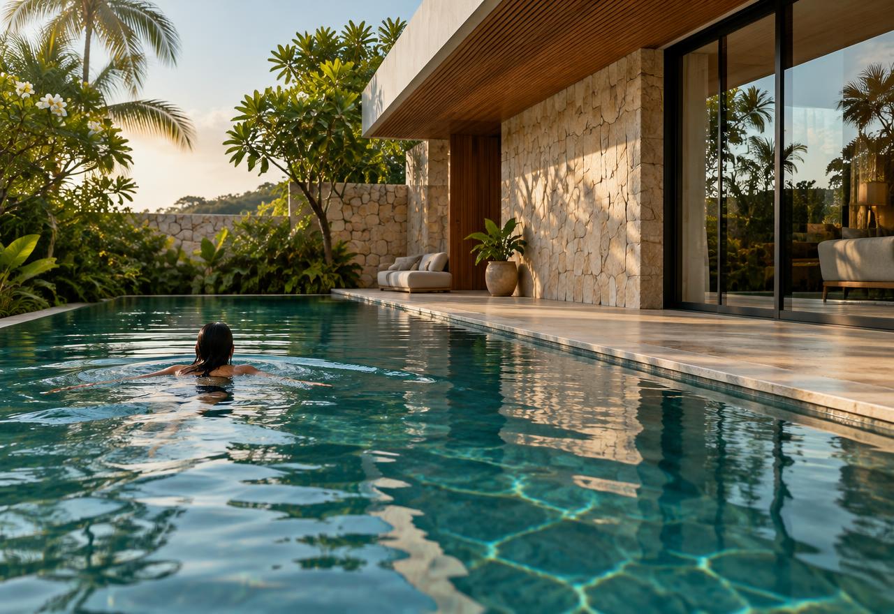 Pessoa nadando em piscina residencial no início da manhã