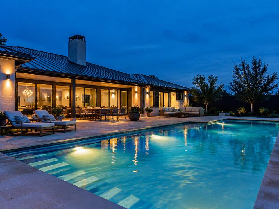 Piscina iluminada ao anoitecer