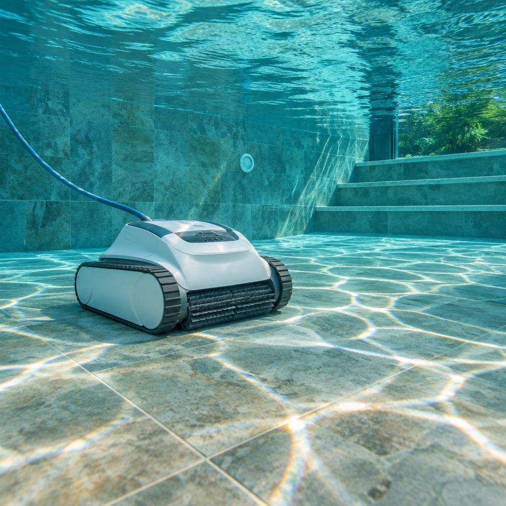 Robô de aspiração no fundo de piscina com água cristalina