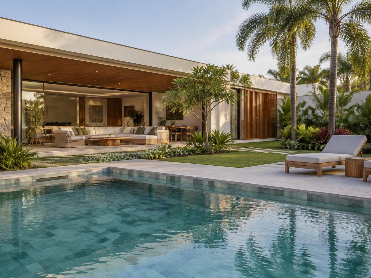 Piscina residencial integrada à varanda e ao jardim de uma casa térrea